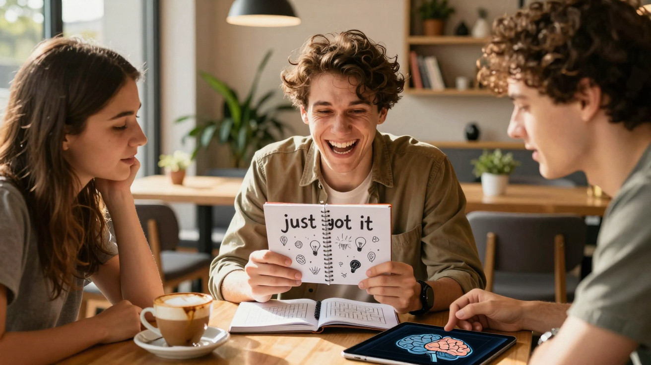 Drei junge Erwachsene sitzen am Tisch, einer lacht und hält ein Notizbuch mit der Aufschrift „just got it“.