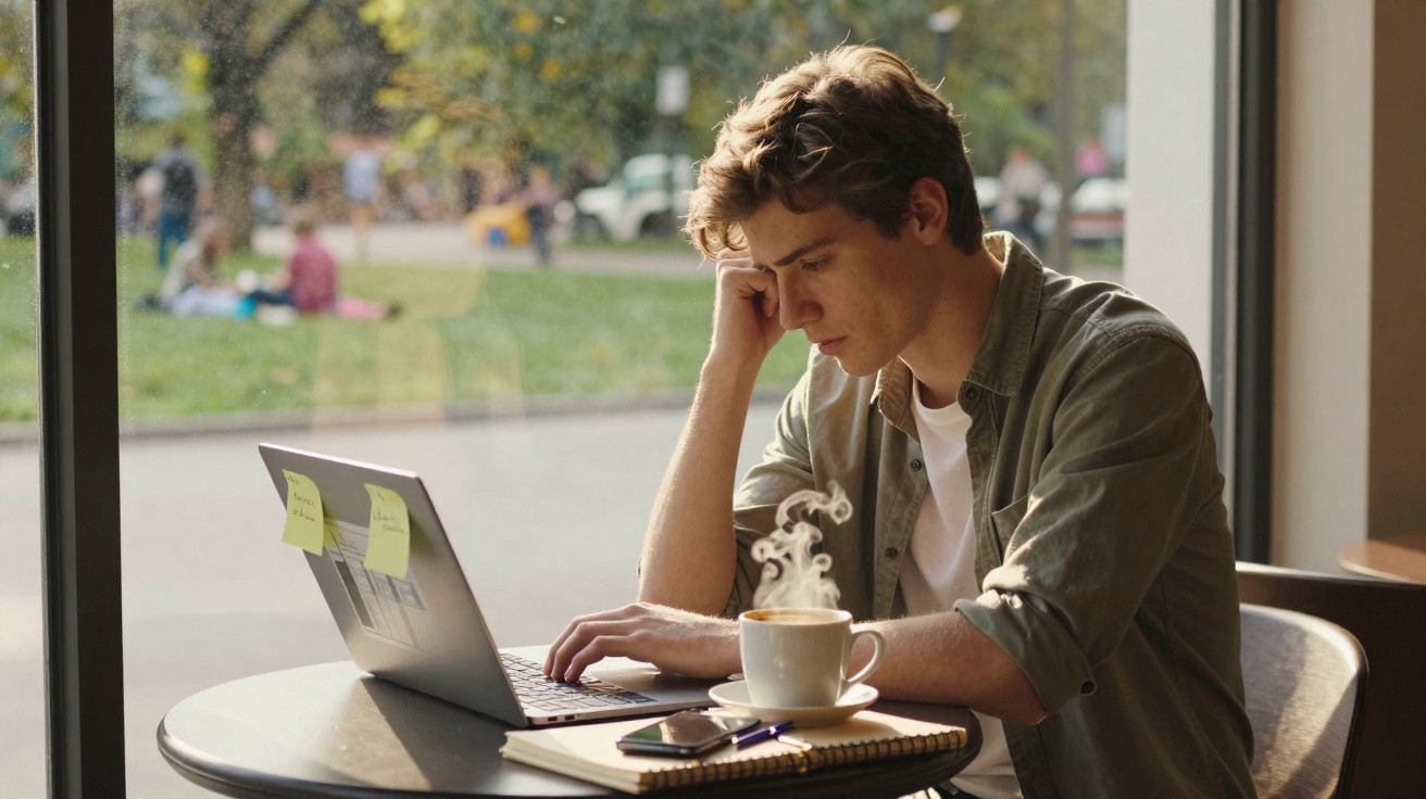 Junger Mann arbeitet konzentriert an Laptop in Café, dampfender Kaffee und Notizbuch auf Tisch.