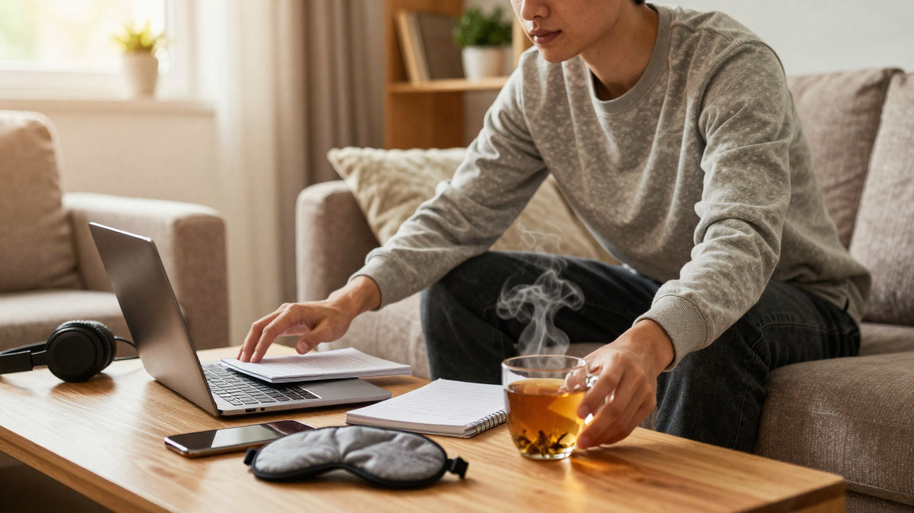 Person sitzt auf Sofa, arbeitet mit Laptop und nimmt dampfenden Tee vom Tisch mit Notizbuch und Schlafmaske.