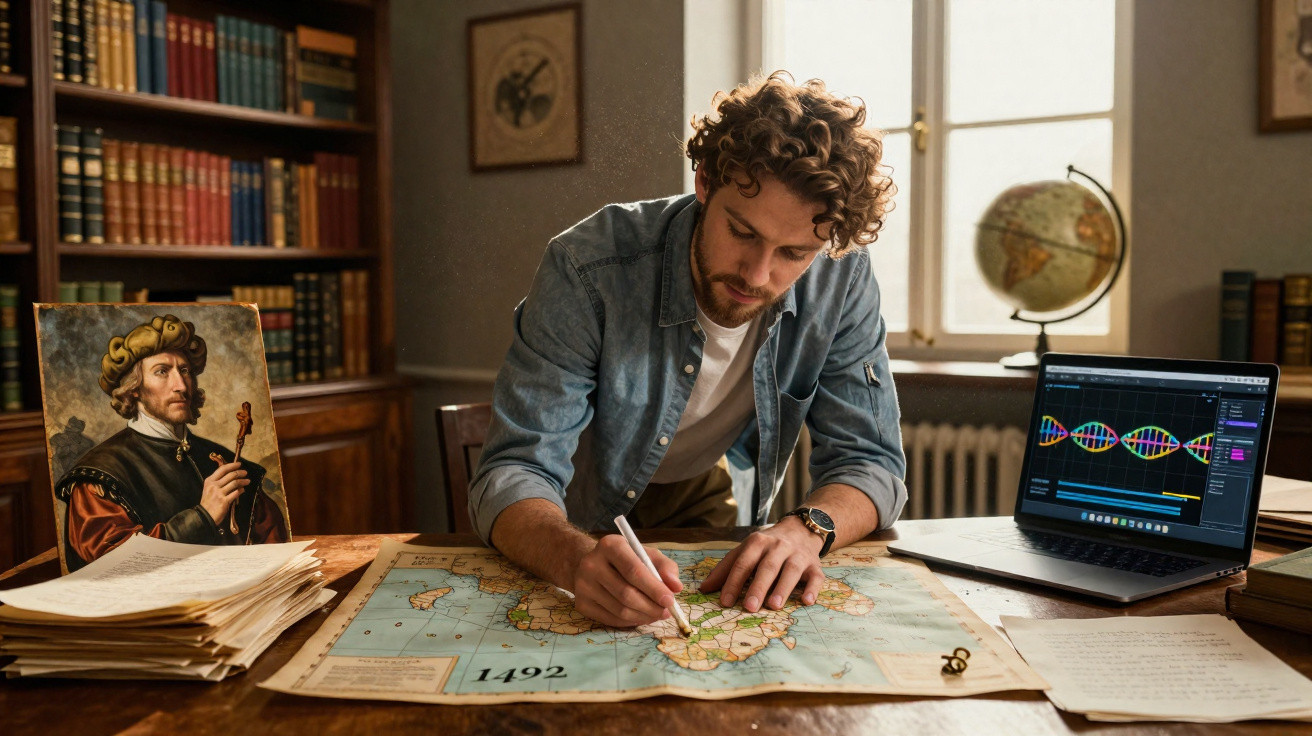 Junger Mann markiert eine historische Weltkarte von 1492, umgeben von Büchern, Porträt und Laptop mit DNA-Grafik.