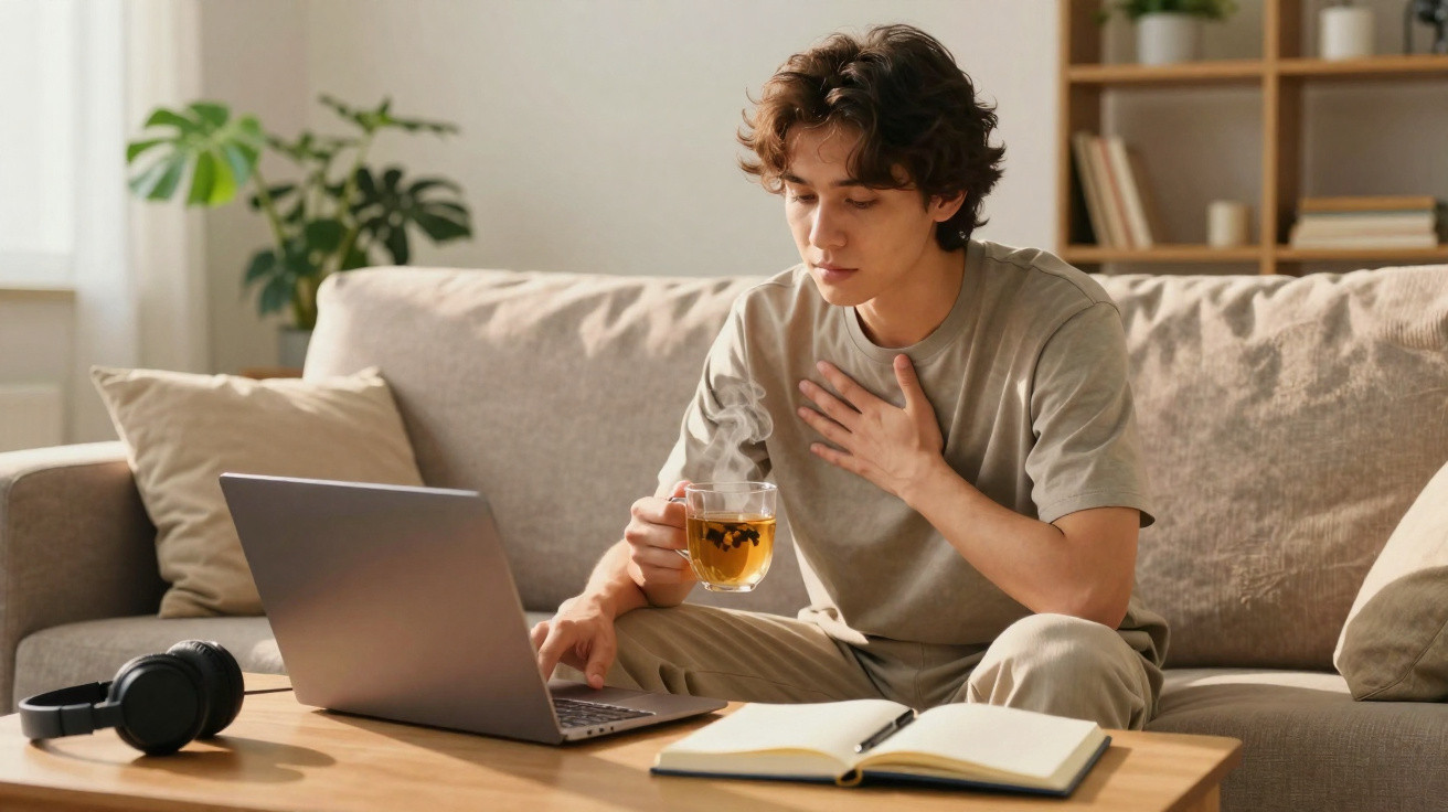 Junger Mann sitzt auf Sofa, trinkt heißen Tee und arbeitet am Laptop mit offenem Notizbuch auf Tisch.