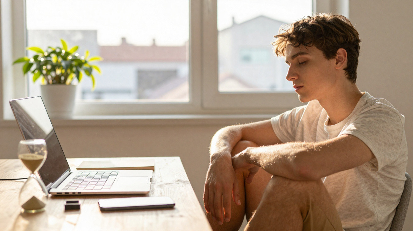 Junger Mann sitzt nachdenklich am Tisch mit Laptop, Smartphone und Sanduhr vor sonnigem Fenster.