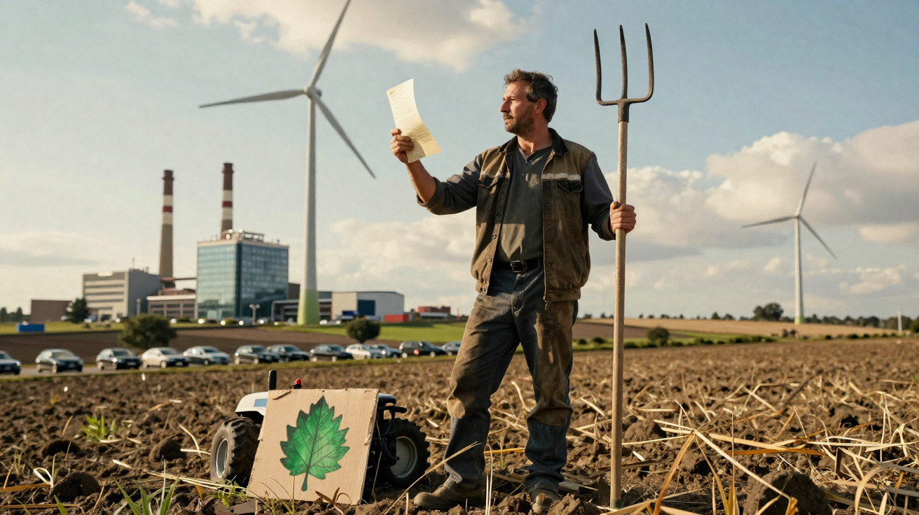 Bauer steht mit Mistgabel auf trockenem Feld vor Windrädern und Industriegebäude und liest Schriftstück.