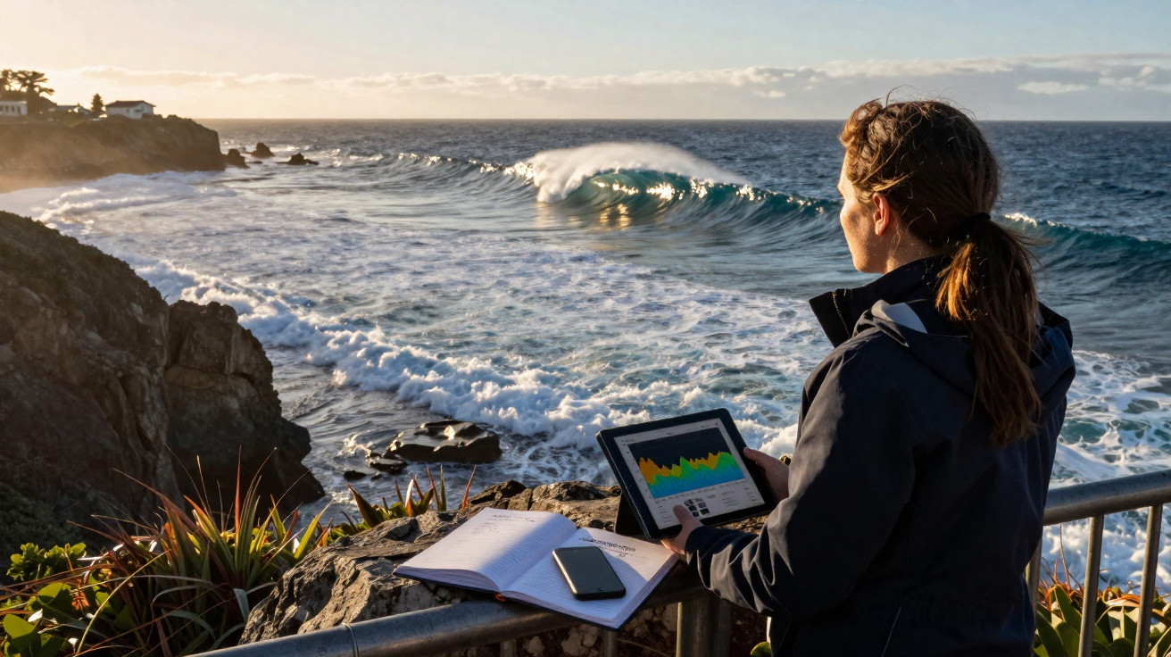 Frau mit Tablet und Smartphone am Felsenmeer mit aufbrechender Welle bei Sonnenuntergang.