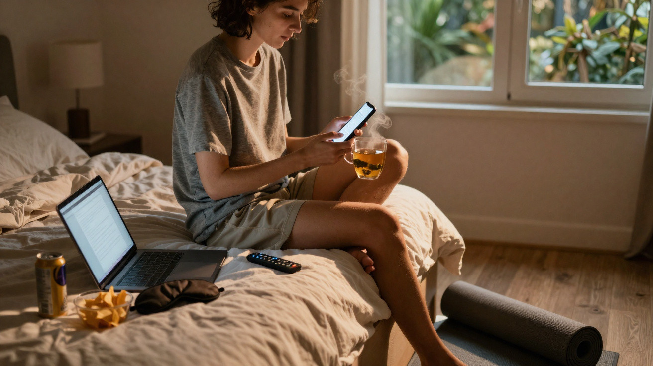Person sitzt auf Bett mit Tee, Smartphone und Laptop in hellem Raum neben Fenster und Yogamatte.