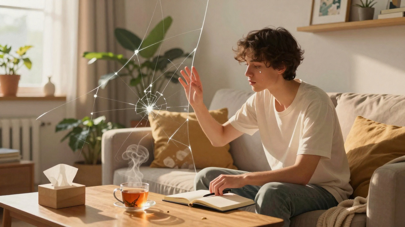 Junger Mann sitzt mit offenem Buch auf Sofa und berührt visuelle Darstellung eines Gehirnnetzwerks.