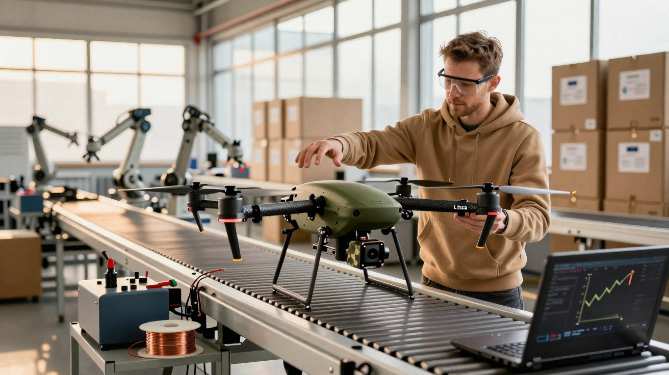 Mann arbeitet an großer Drohne auf Förderband in moderner Fabrikhalle mit Roboterarm und Laptop.