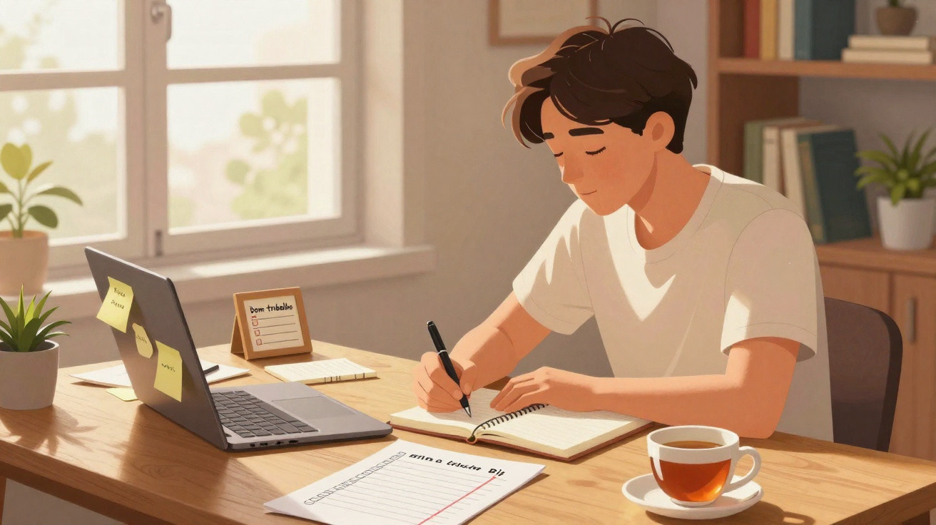Junger Mann schreibt Notizen am Schreibtisch mit Laptop, Tee und Pflanzen in einem sonnigen Raum.