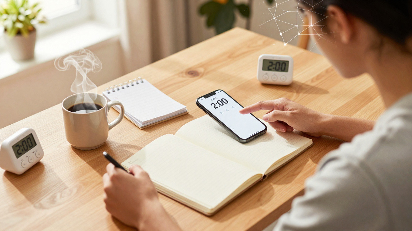 Person stellt am Holztisch mit Notizbuch, Smartphone und dampfender Kaffeetasse einen Timer auf 2:00 ein.