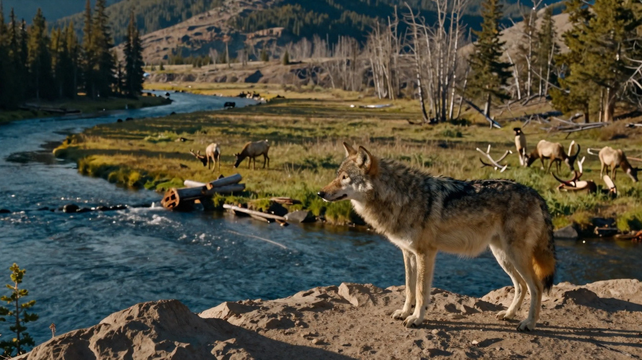Wolf steht an einem Flussufer mit grasenden Hirschen und bewaldeten Hügeln im Hintergrund.
