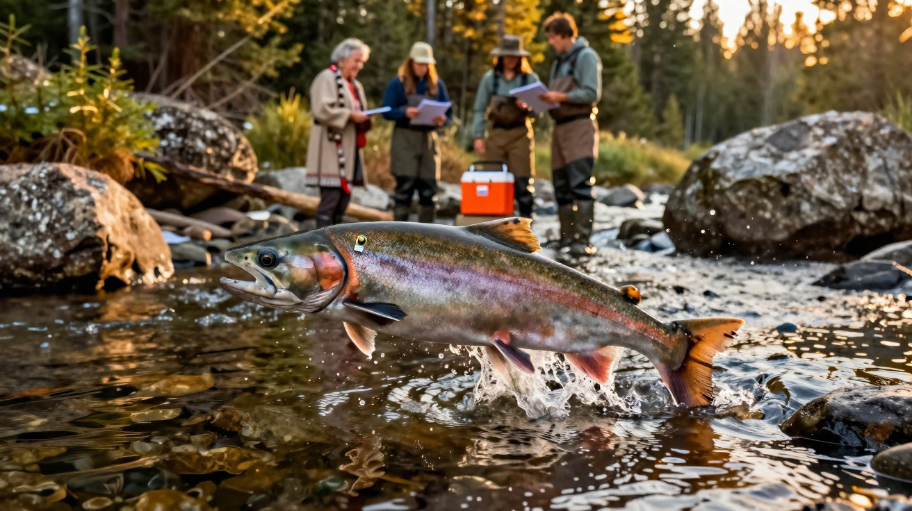 Ein springender Fisch im Fluss mit drei Forschern im Hintergrund bei Sonnenuntergang.