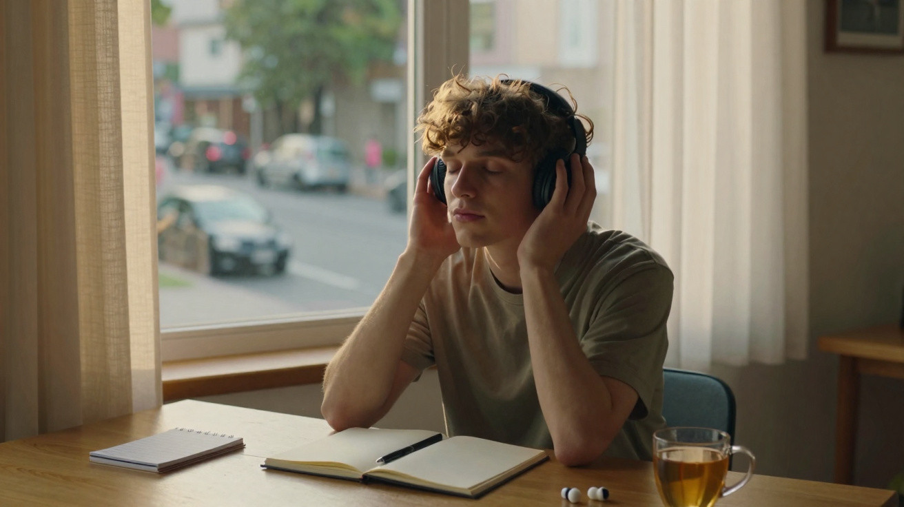 Junger Mann mit geschlossenen Augen hört Musik an einem Tisch mit offenem Notizbuch und Tee neben einem Fenster.