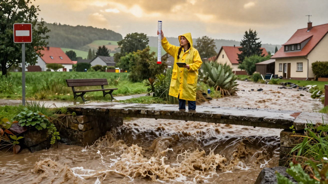 Person in gelbem Regenmantel misst Hochwasser an überfluteter Brücke in ländlicher Gegend bei Sturmwetter.