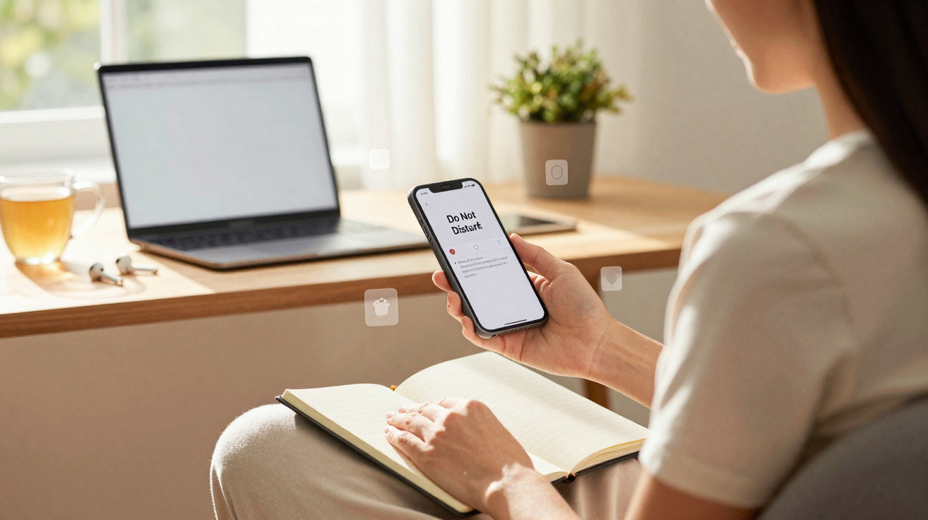 Frau hält Smartphone mit "Do Not Disturb"-Anzeige und liest in Notizbuch vor Laptop am Fensterbrett.