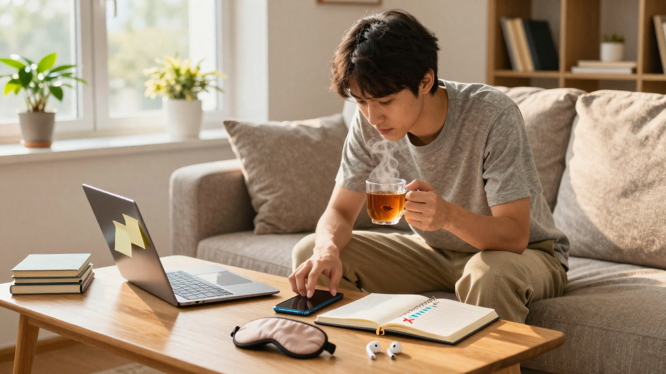 Junger Mann sitzt auf Sofa, trinkt Tee, nutzt Smartphone, Laptop und Notizbuch auf dem Tisch im Wohnzimmer.