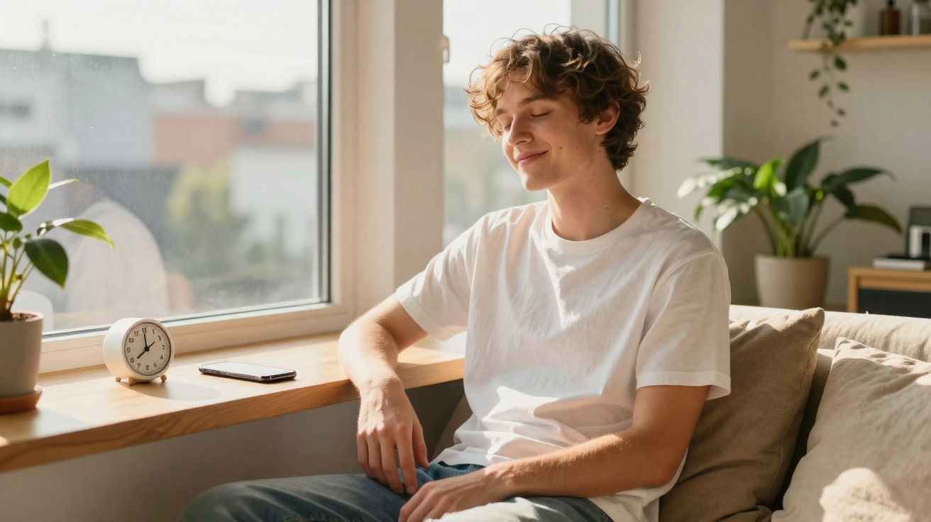 Junger Mann entspannt auf Sofa neben Fenster, Sonnenlicht fällt auf ihn, Uhr und Pflanze auf Fensterbank.