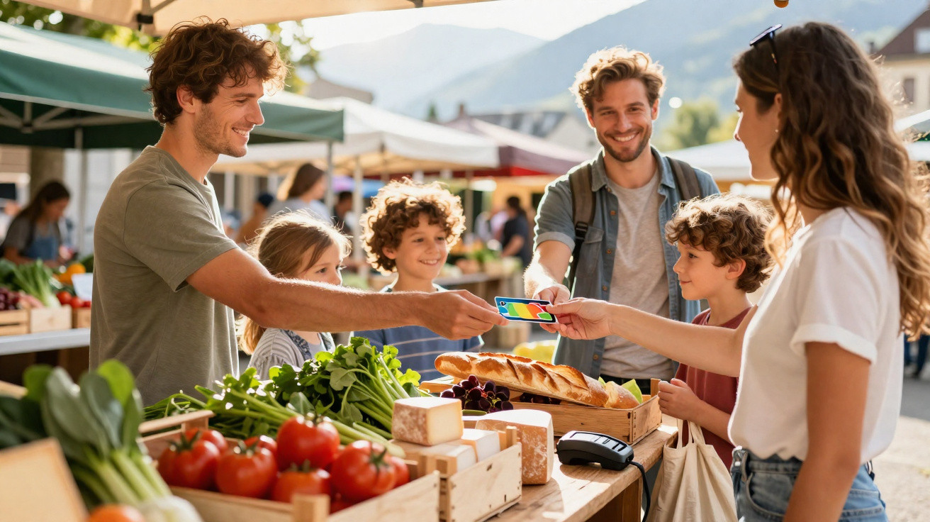 Familie kauft frisches Obst und Gemüse auf einem Markt, Frau bezahlt kontaktlos mit Karte.