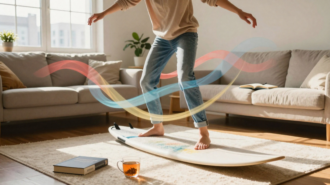 Person steht auf Surfbrett im Wohnzimmer, umgeben von Sofas, Buch und Teetasse auf Teppich.