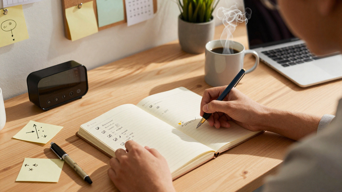 Person schreibt in einem Notizbuch an einem Schreibtisch mit Laptop, Kaffeetasse und Post-it-Notizen.