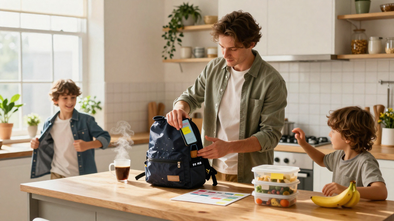 Vater packt Schulrucksack, während zwei Jungen in heller Küche an Kücheninsel stehen.