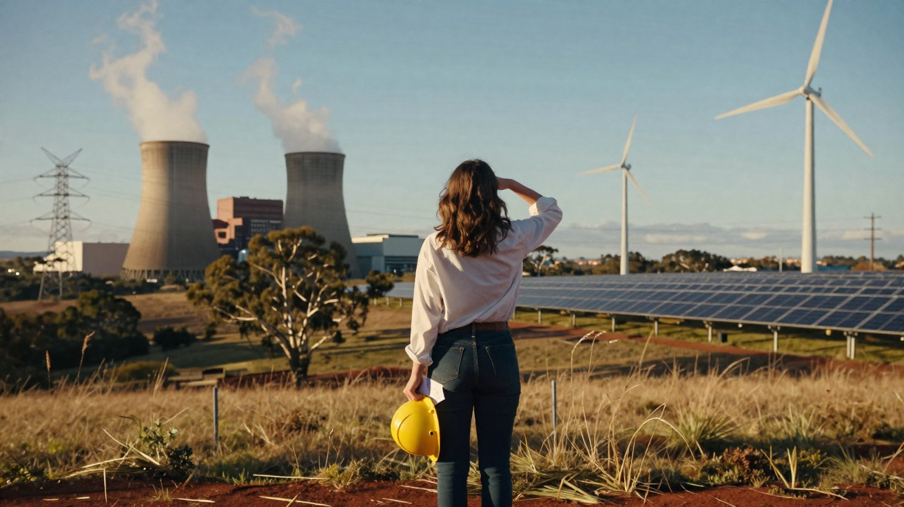 Frau mit gelbem Helm blickt auf Atomkraftwerk, Windräder und Solaranlagen in ländlicher Umgebung.