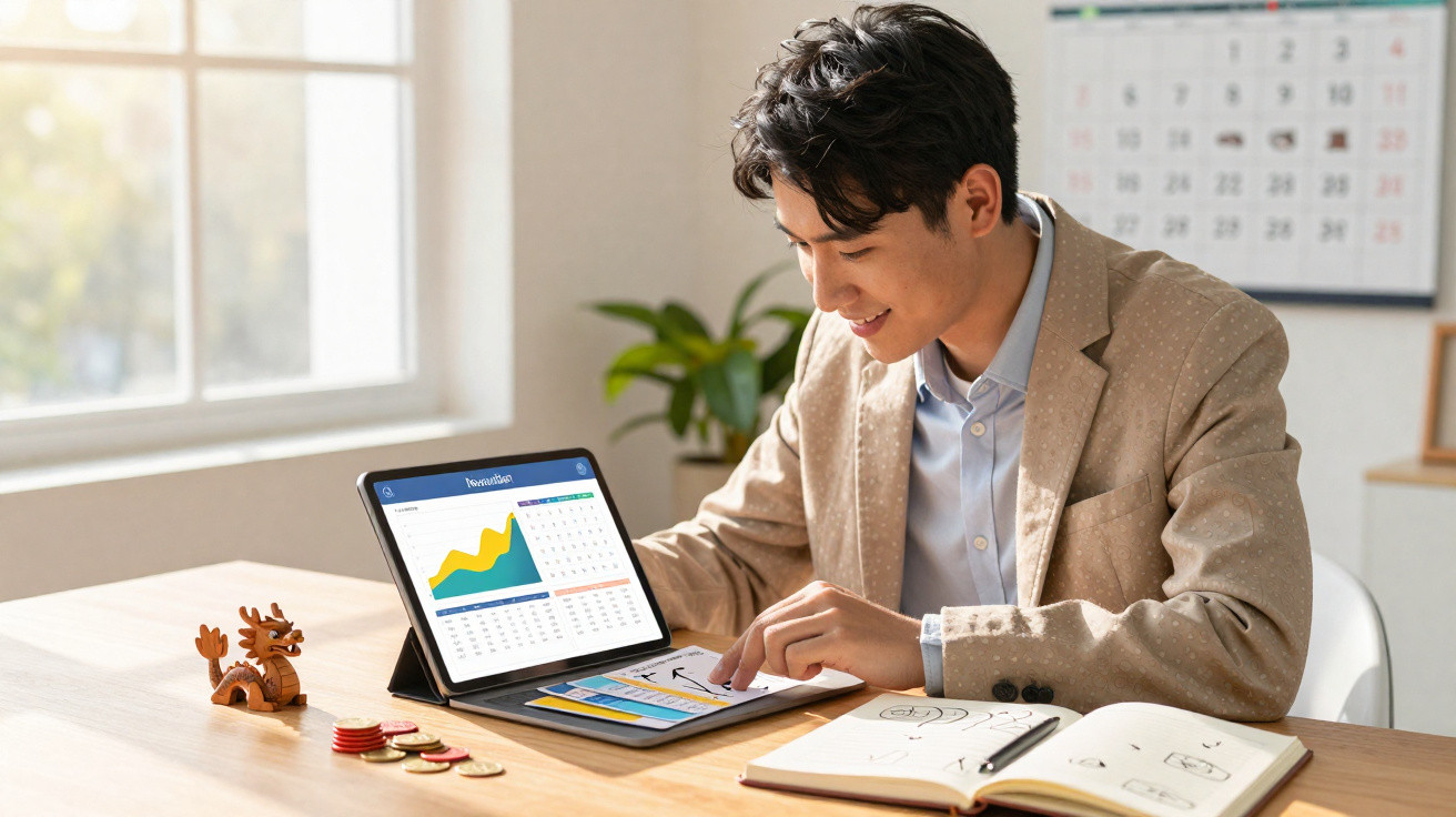 Junger Mann arbeitet am Tablet mit Finanzdiagrammen, Notizbuch und Geldmünzen auf dem Schreibtisch.