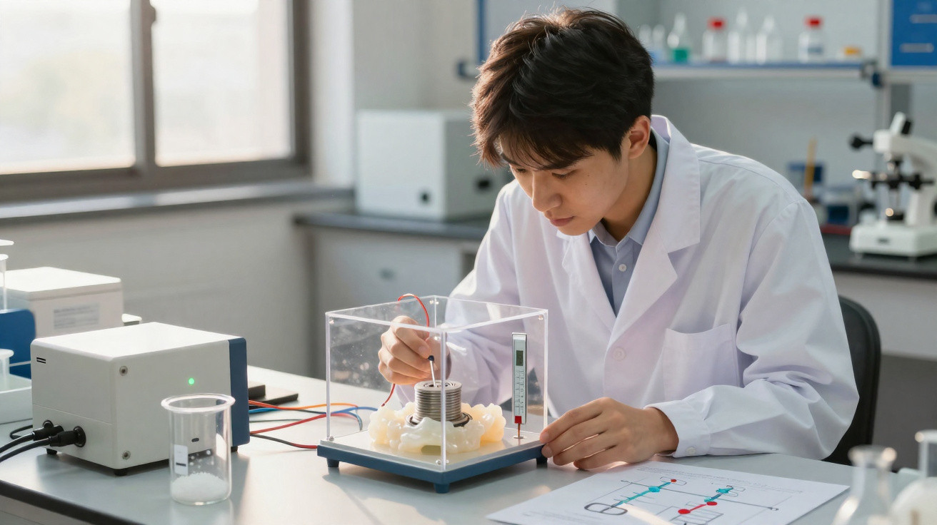Junger Wissenschaftler im weißen Kittel führt experimentelle Messung im Labor an einer elektrischen Apparatur durch.