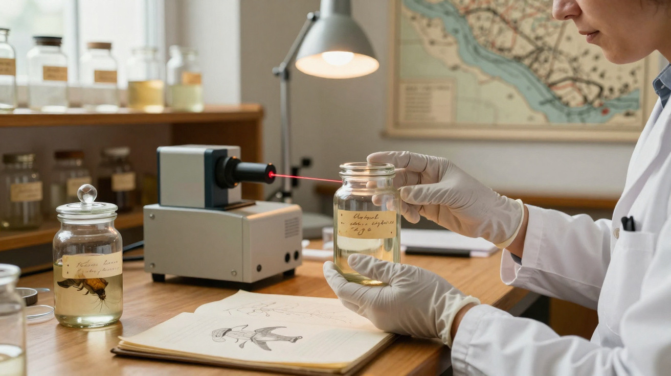 Forscherin analysiert ein Glas mit Flüssigkeit und Insekt im Labor mit Lasergerät und Zeichnung auf dem Tisch.