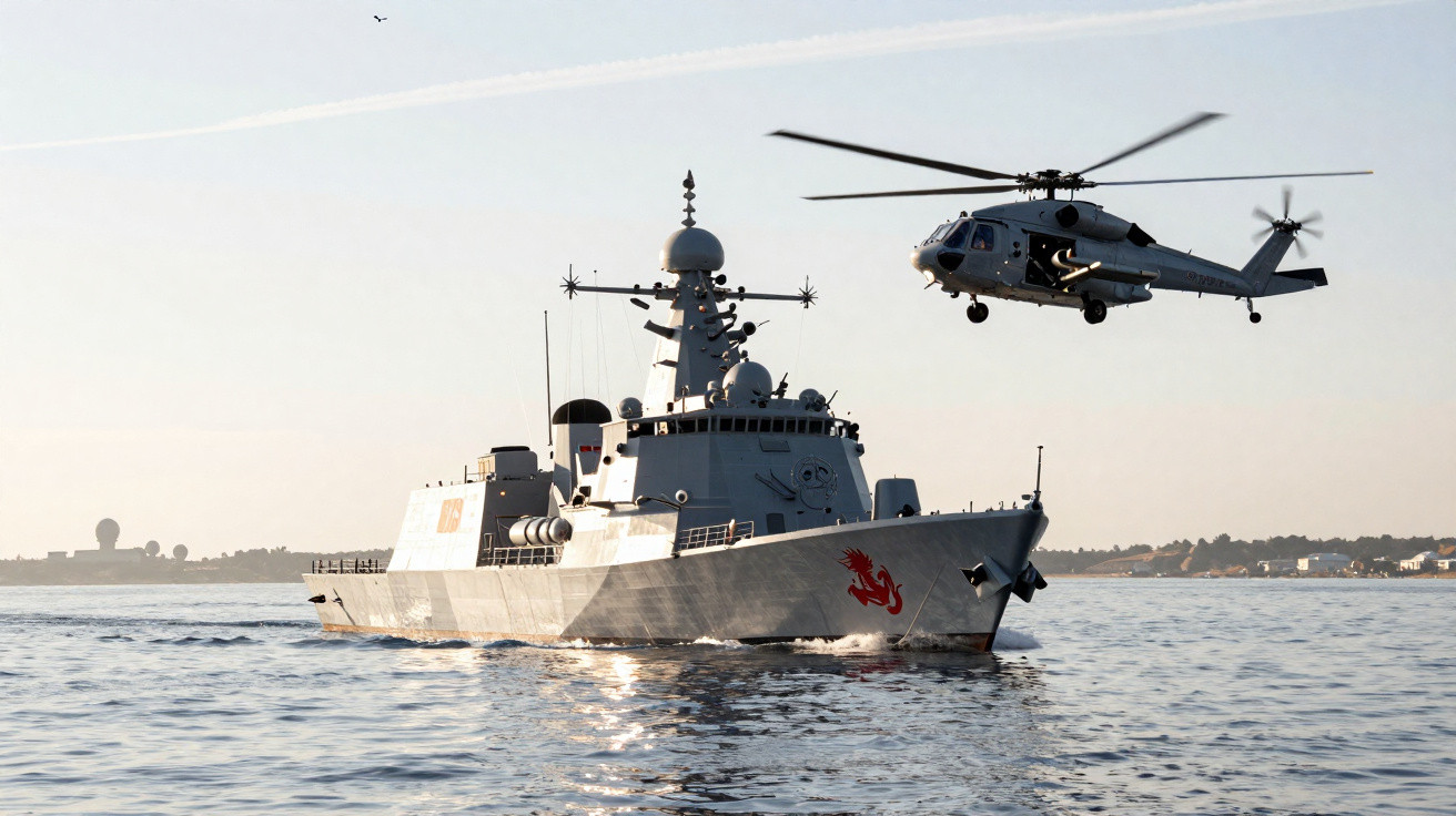 Kriegsschiff mit rotem Drachen-Emblem auf dem Bug und helikopter im Flug über ruhiger See bei Sonnenlicht.