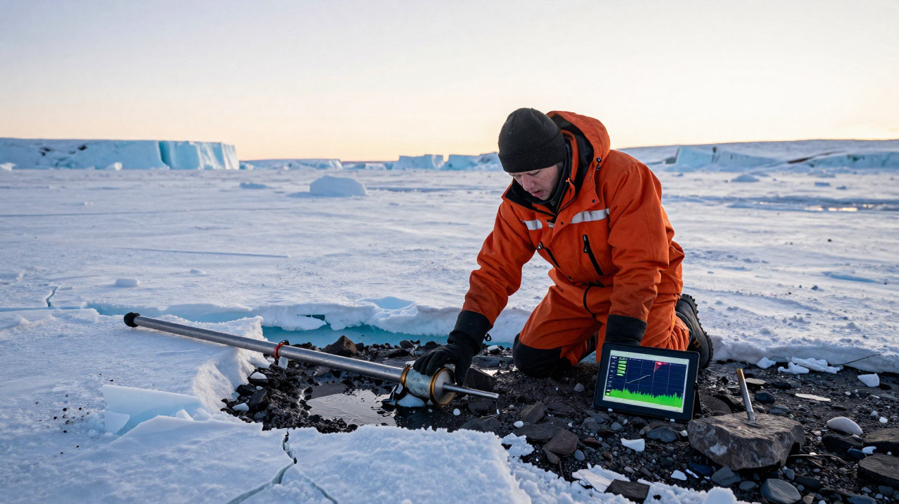 Forscher in oranger Winterkleidung entnimmt Bodenprobe aus eisiger Landschaft mit Messgerät und Laptop.