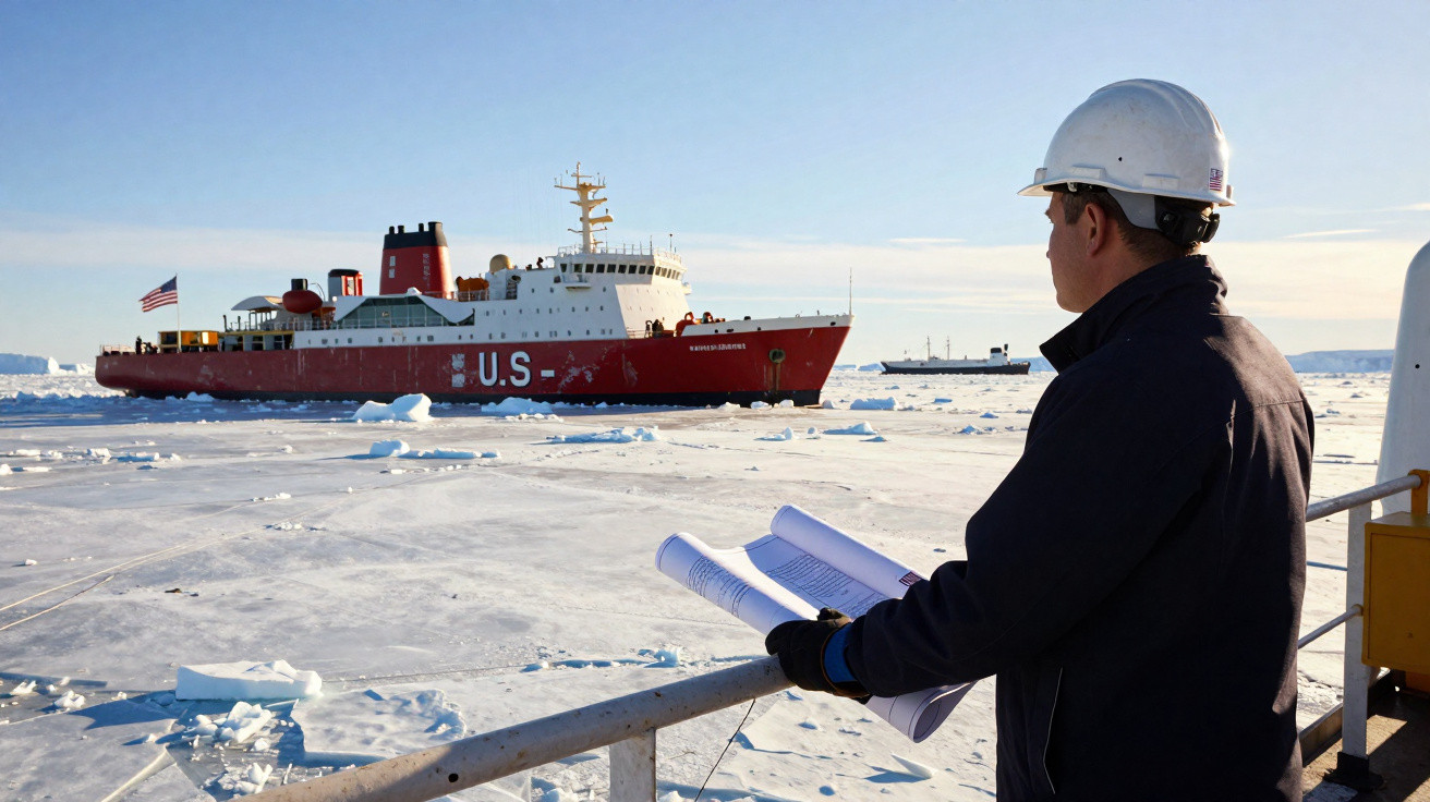 Mann mit Schutzhelm betrachtet rotes Eisbrecherschiff der USA auf zugefrorenem Meer mit Eisbergen.