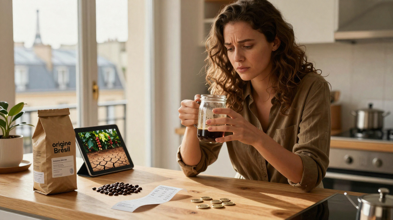Nachdenkliche Frau trinkt Kaffee, betrachtet Geldmünzen und Rechnung in moderner Küche mit Tablet und Kaffeebohnen.