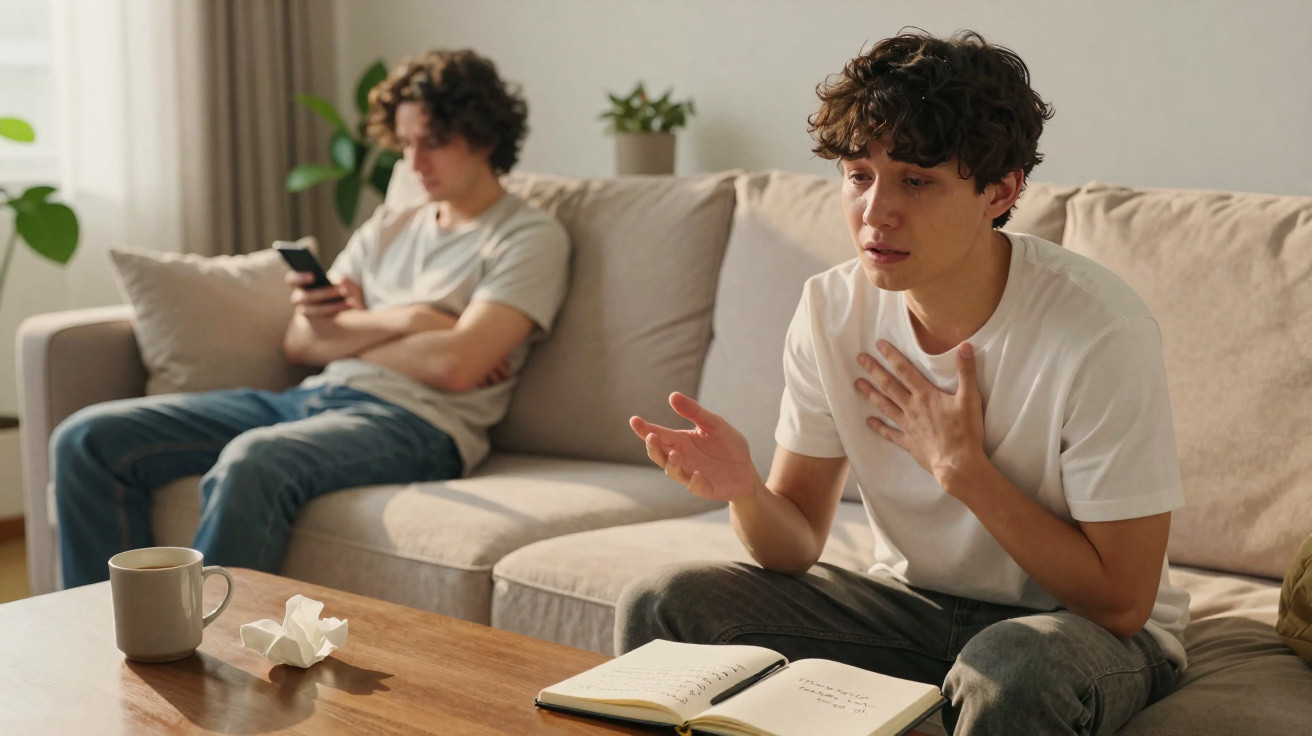 Zwei junge Männer auf Sofa, einer emotional gestikulierend, der andere abgelenkt mit Smartphone, Taschentuch auf Tisch.
