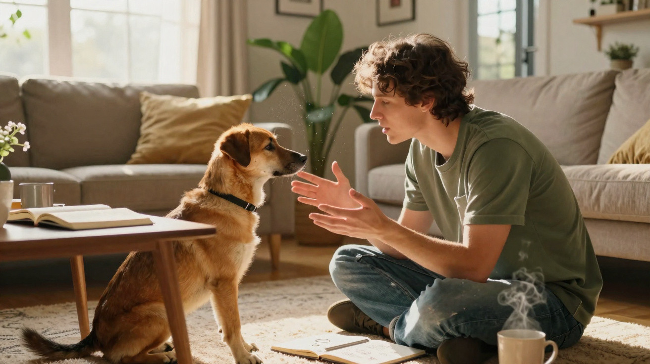 Junger Mann sitzt im Wohnzimmer und spricht konzentriert mit seinem Hund, der ihm aufmerksam zuhört.