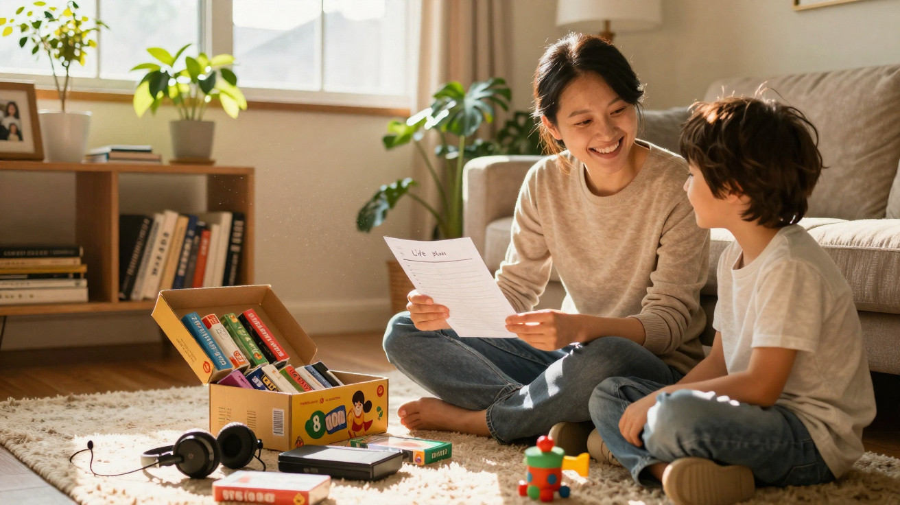 Frau und Junge sitzen auf Teppich, lernen gemeinsam mit Spielzeug und Büchern in hellem Wohnzimmer.