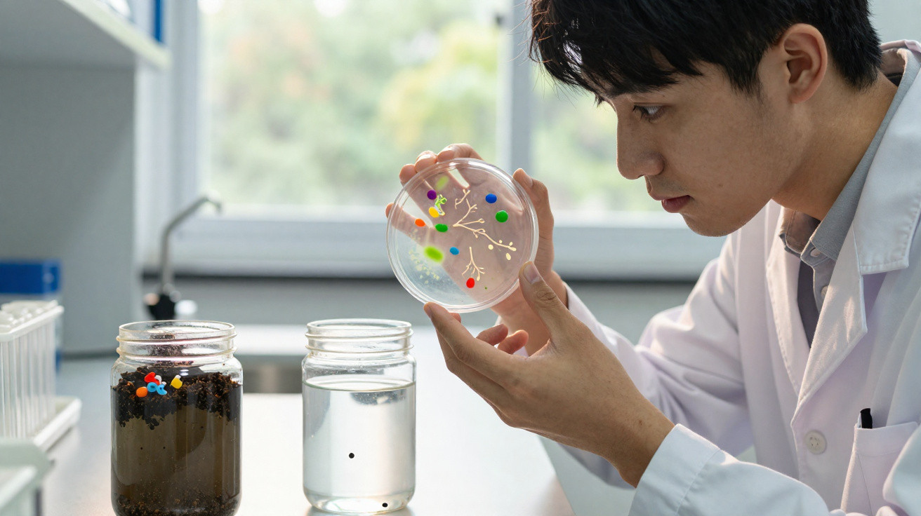 Wissenschaftler untersucht Petrischale mit bunten Bakterienkulturen im Labor vor zwei Glasgefäßen.