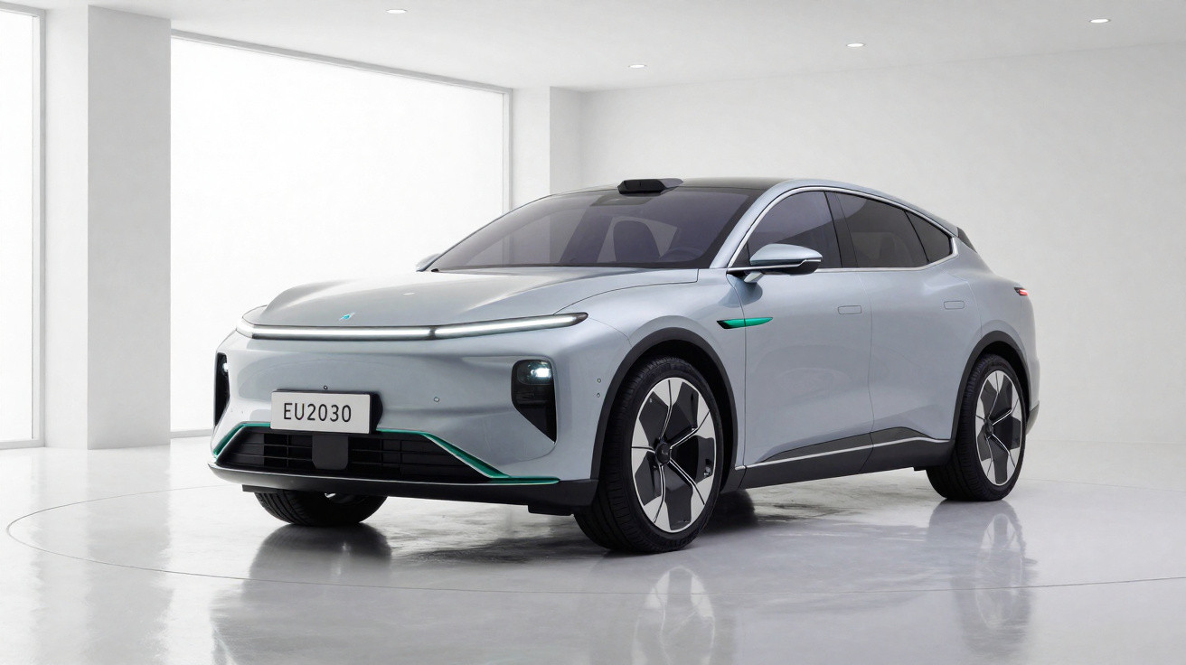 Silbernes Elektroauto in futuristischem Design steht in hellem, minimalistischem Ausstellungsraum.