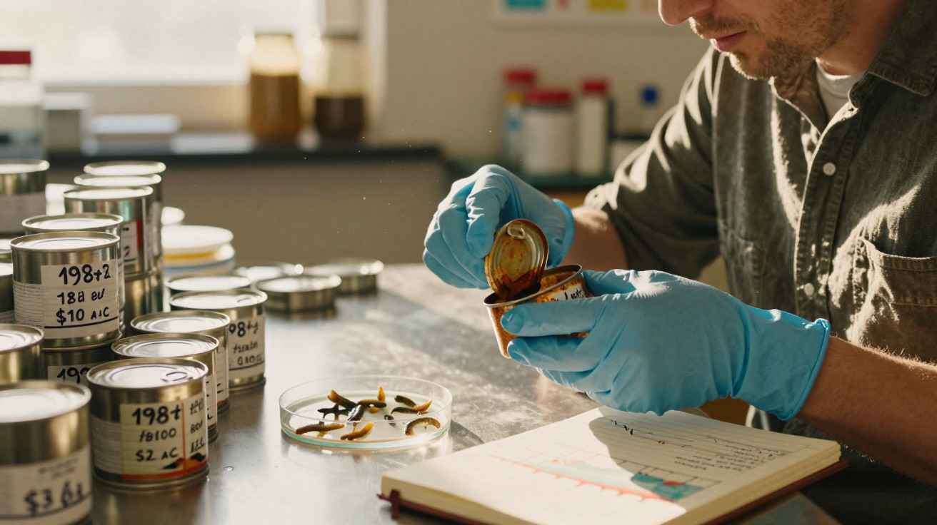 Person mit blauen Handschuhen untersucht Insektenlarven aus Dosen zum wissenschaftlichen Zweck im Labor.