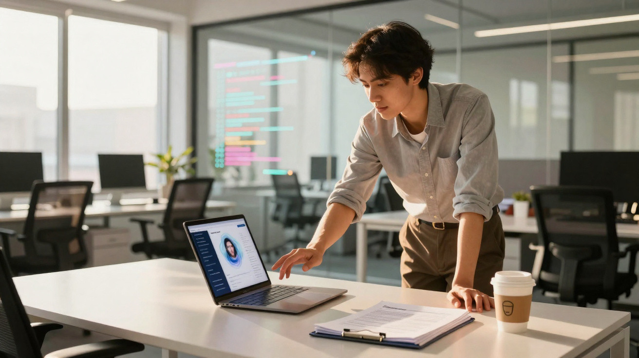 Junger Mann arbeitet in modernem Büro an Laptop mit Personenprofil, daneben Papiere und Coffee-to-go-Becher.