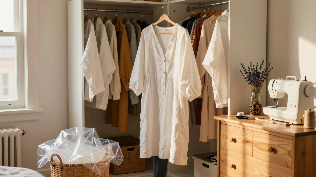 Kleiderschrank mit hängenden Kleidungsstücken, weißes Kleid im Vordergrund und Nähmaschine auf Holzkommode.