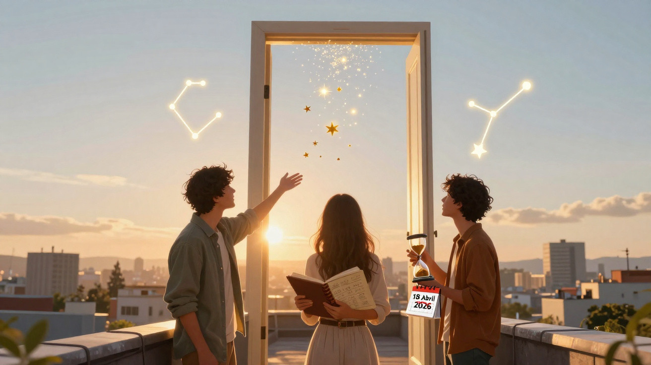 Drei Personen auf Dach mit offener Tür, Sternen und Sternbildern im Sonnenuntergang, einer hält Sanduhr mit Datum.