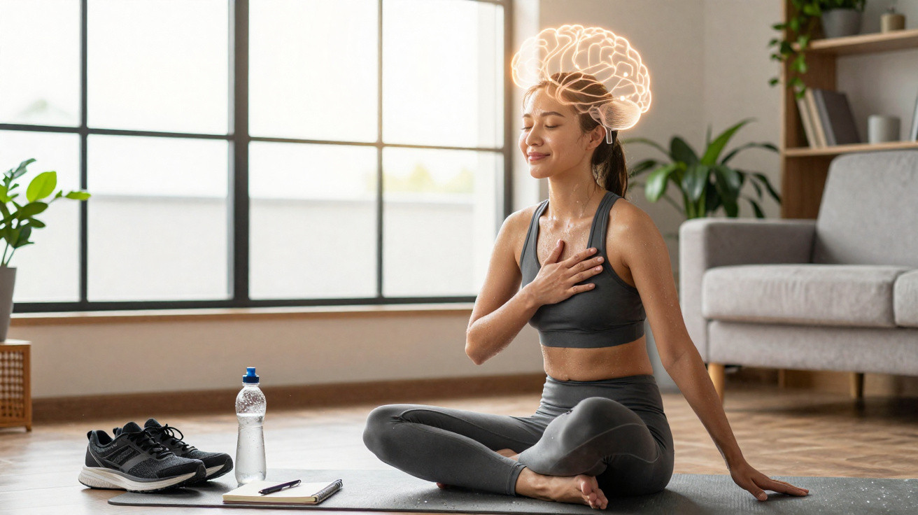 Frau beim Meditieren auf Yogamatte mit leuchtender Gehirnillustration über dem Kopf in hellem Raum.