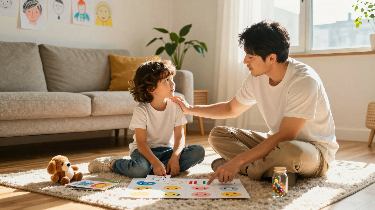 Vater und Sohn spielen auf dem Teppich ein Lernspiel mit Karten und Punkten im gemütlichen Wohnzimmer.