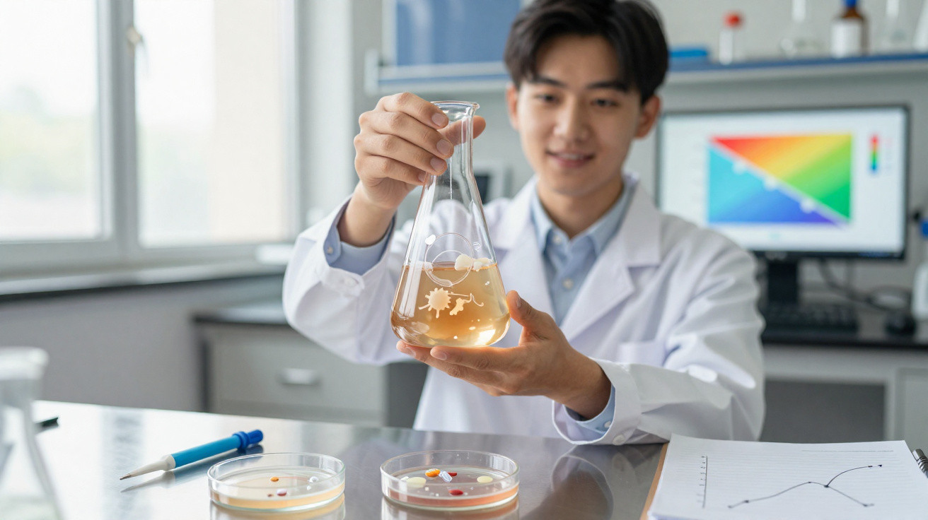 Junger Wissenschaftler hält Erlenmeyerkolben mit Flüssigkeit und beobachtet Bakterien im Labor.