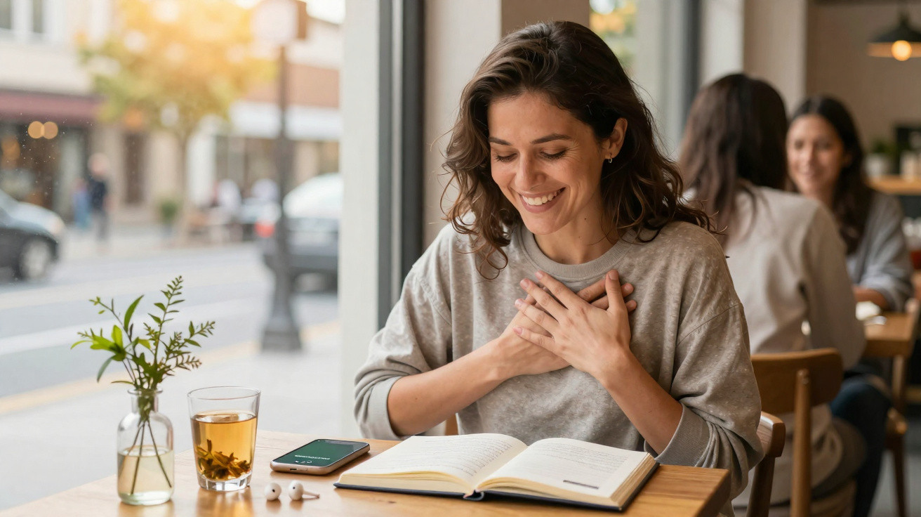 Lächelnde Frau liest Buch im Café, legt Hände auf Herz, Getränke und Smartphone auf Tisch sichtbar.