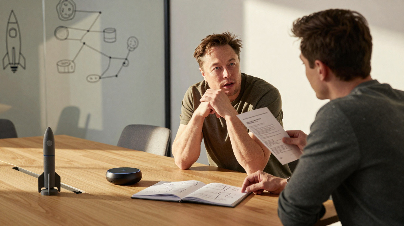 Zwei Männer besprechen technische Zeichnungen und Dokumente an einem Tisch in einem hellen Besprechungsraum.