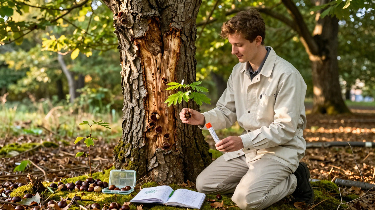 Junger Mann sammelt Blätterproben im Wald und dokumentiert sie in einem Notizbuch neben einem alten Baum.