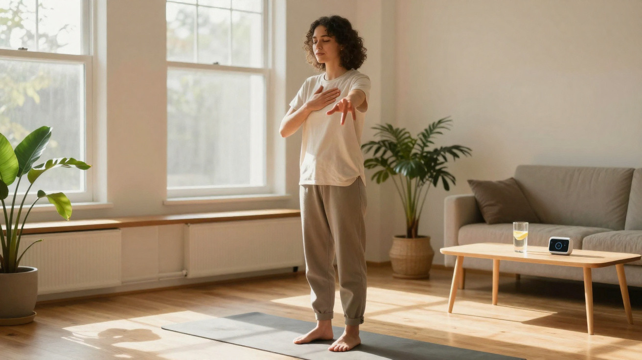 Frau macht Achtsamkeitsübung auf Yogamatte in hellem Wohnzimmer mit Pflanzen und Sofa im Hintergrund.