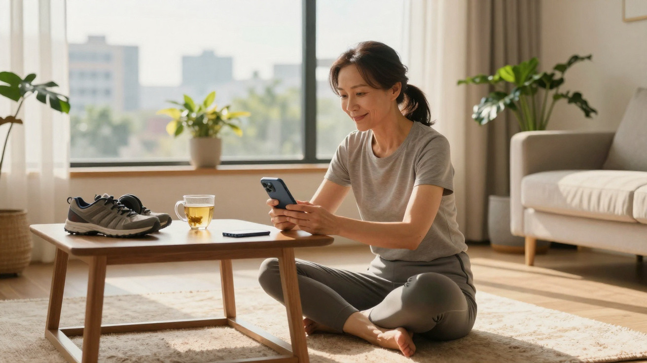 Frau sitzt im Wohnzimmer auf dem Boden, benutzt Smartphone, neben ihr Tisch mit Teetasse und Laufschuhen.