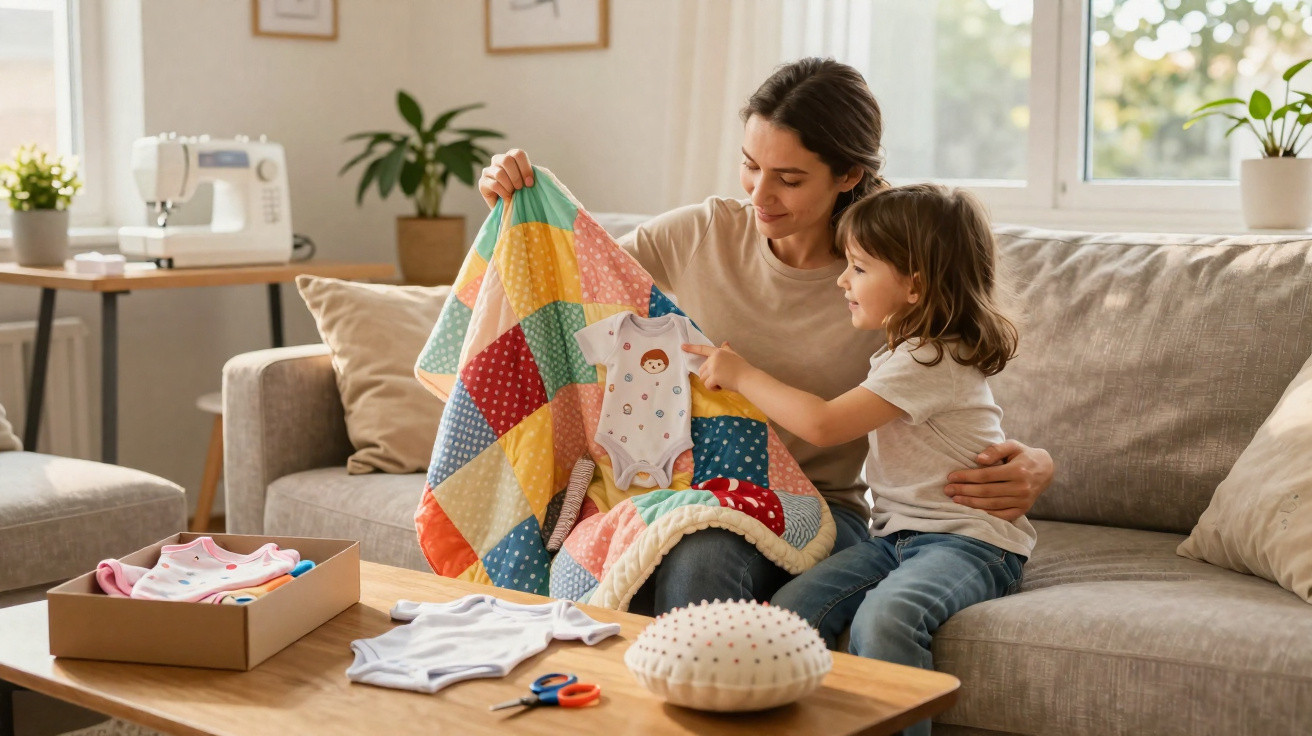 Frau und Kind sitzen auf Sofa und betrachten Babybekleidung und eine bunte Patchwork-Decke.